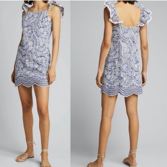 Alice & Olivia Chambray Honor Flutter Sleeve Boho Embroidered Mini Dress Size 0 - Picture 2 of 13